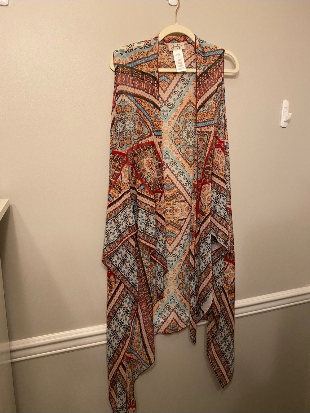 Jessica Simpson Multicolor Asymmetrical Boho Kimono- Blue, Red, Tan, Cream